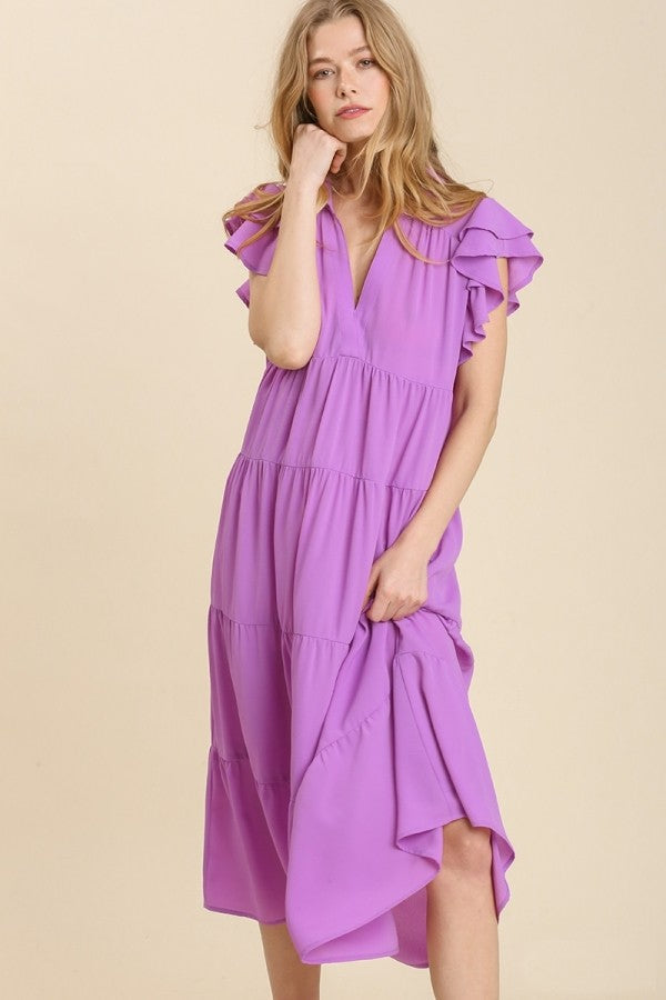 umgee tiered midi dress with ruffled sleeves UMGEE A Line Tiered Ruffle Sleeve Midi Dress Lavender – Magnolia Trading  Post