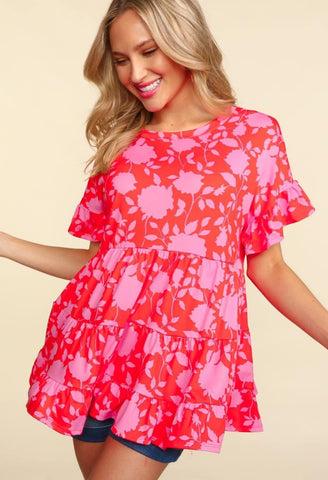 Coral & Pink Floral Peplum Ruffle Top