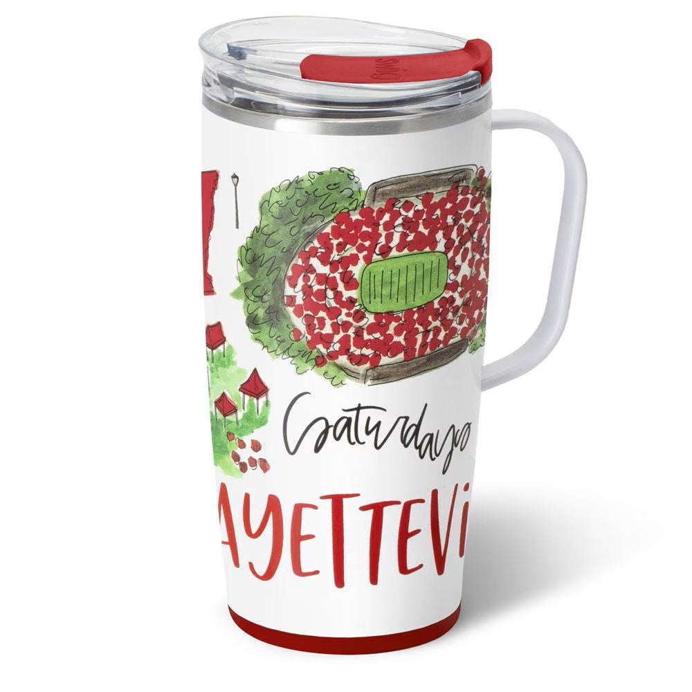 Swig Life, 22oz Stainless Steel Travel Mug with Handle, Saturdays in Fayetteville White/Red