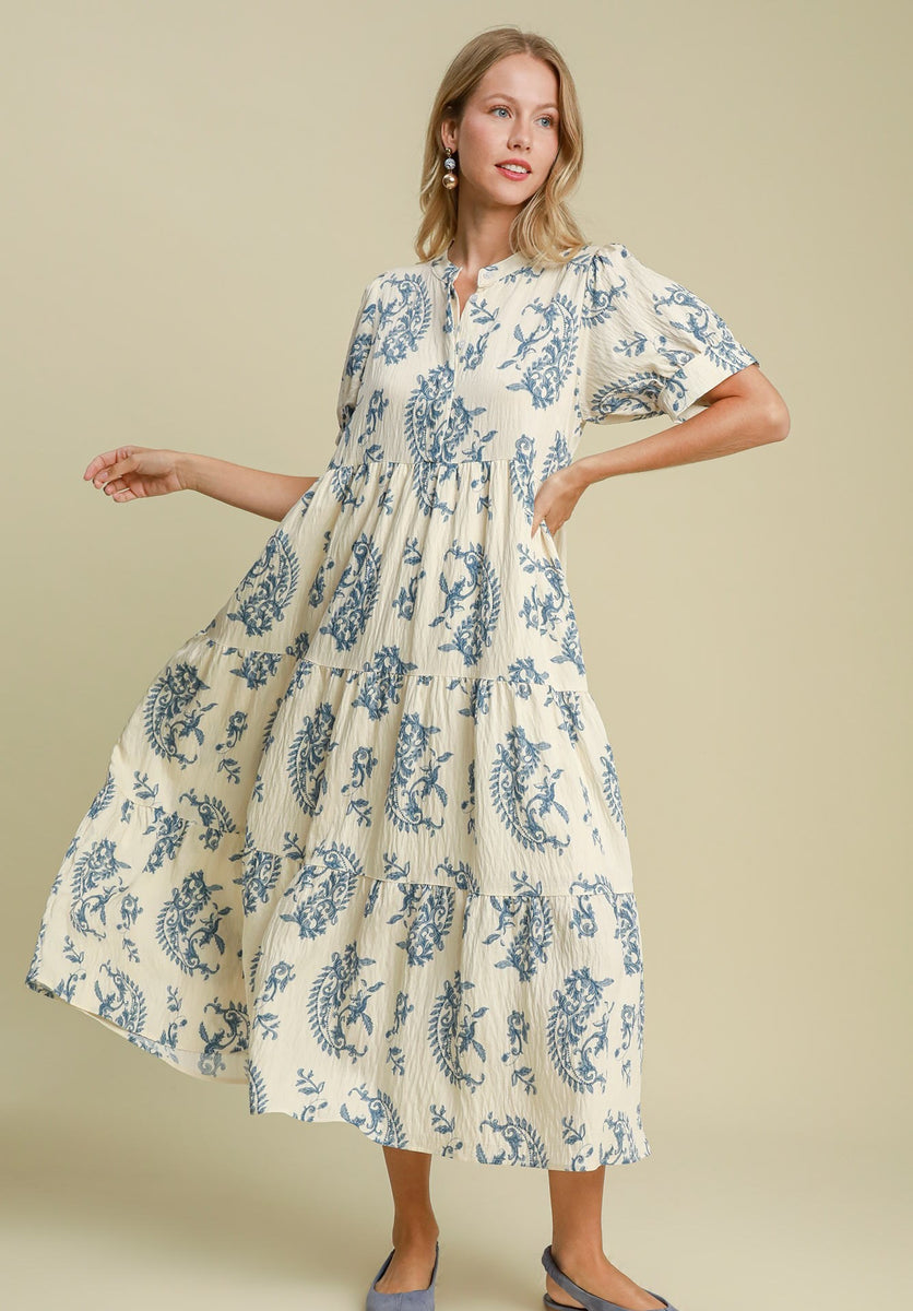 Umgee USA Tiered Print Maxi Dress Blue Mix / M