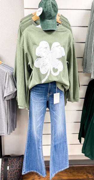 Green Clover Corded Sweatshirt Pullover