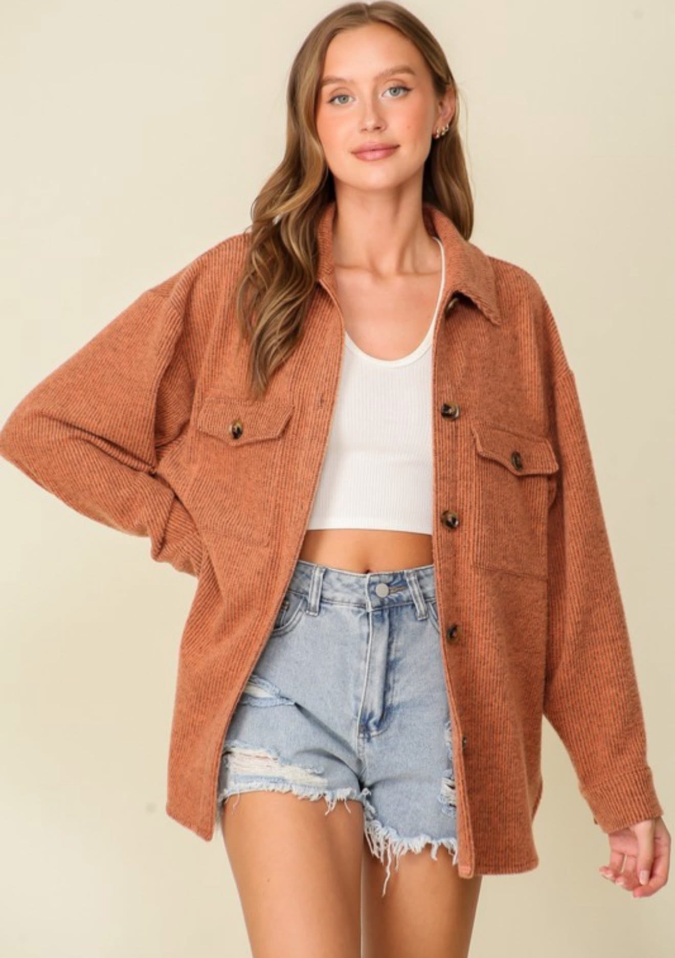 Cozy Brushed Waffle Shacket Rust