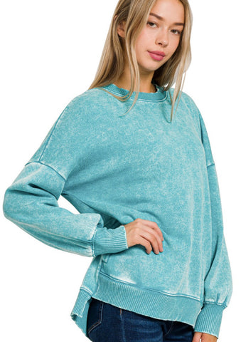 Acid Wash Fleece Hi Lo Hem Sweatshirt Teal