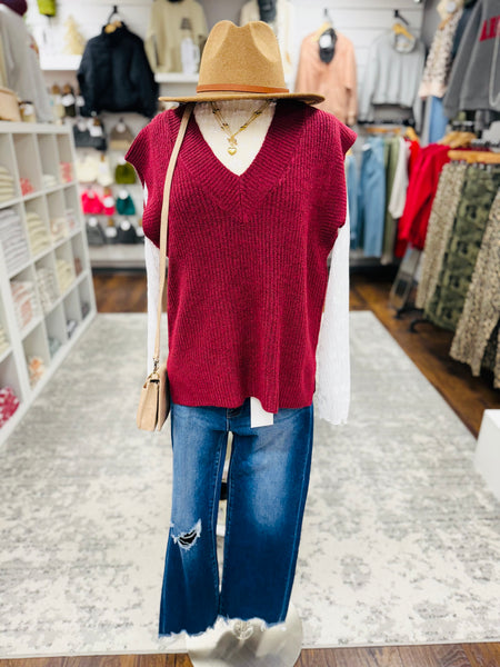 V Neck Boxy Sweater Vest Dark Red