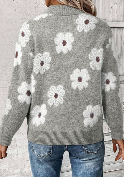 Grey Floral Half Zip Sweater Pullover