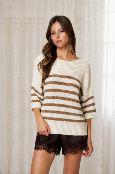 Stripe Knit Half Sleeve Sweater Mocha