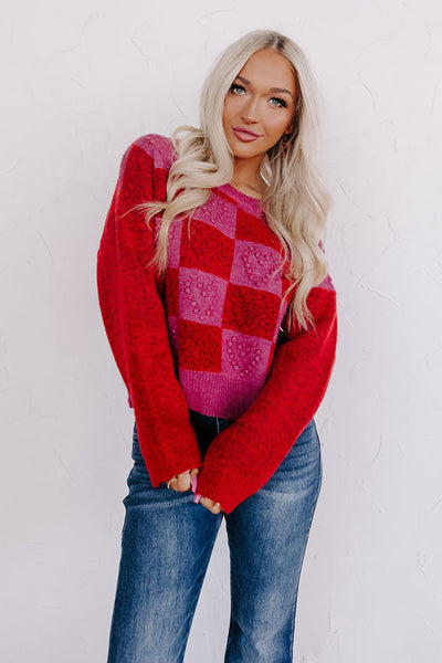 Checkered Heart Textured Sweater