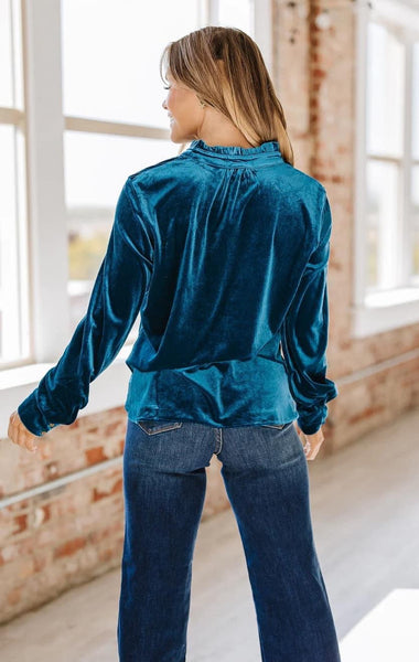 Dark Teal Velvet Ruffle Neck Button Top