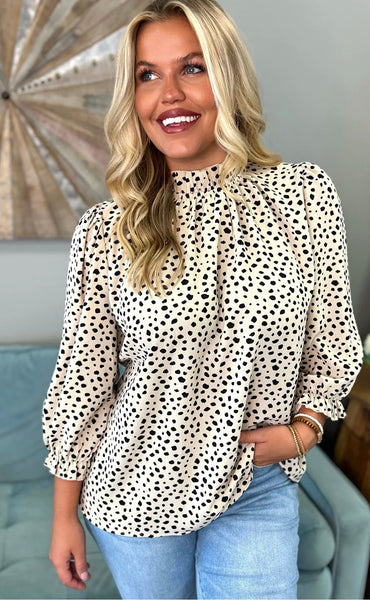 Taupe Dotted Animal Print Ruffled Neck Blouse