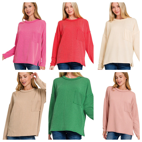 Ribbed Knit Solid Basic Top Rose