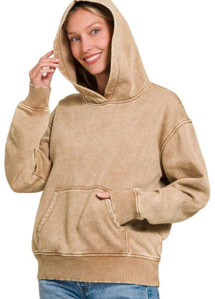 Acid Wash Fleece Lined Pocket Hoodie Camel