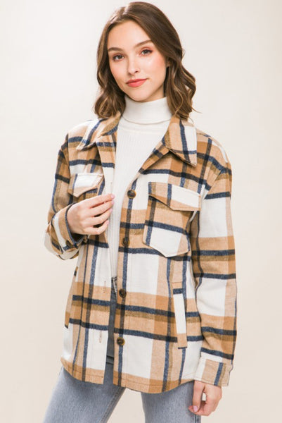 Plaid Button Down Shacket Camel