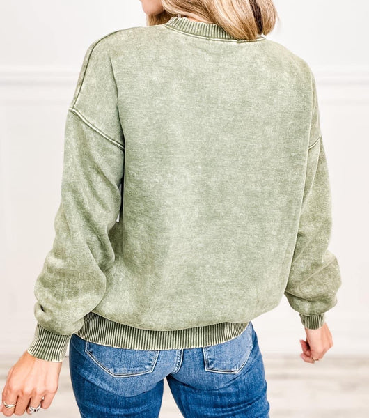 Acid Wash Fleece Oversized Pullover Light Olive