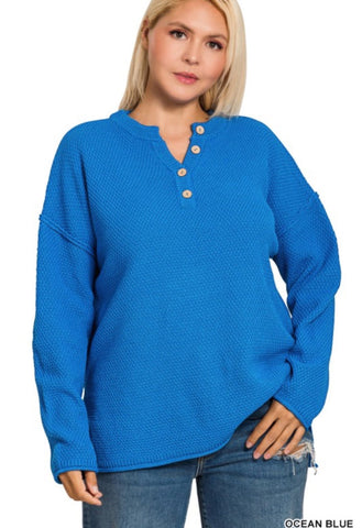 Salem Knit Button Henley Sweater Blue
