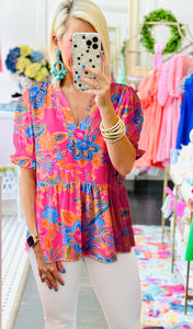 Cabana Pink Floral Abstract Puff Sleeve Top