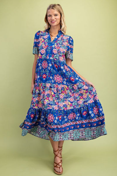 Mixed Print Tiered Dress Cobalt Blue Mix