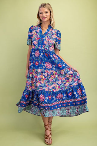 Mixed Print Tiered Dress Cobalt Blue Mix