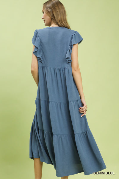 UMGEE Ruffle Sleeve Midi Dress Denim Blue
