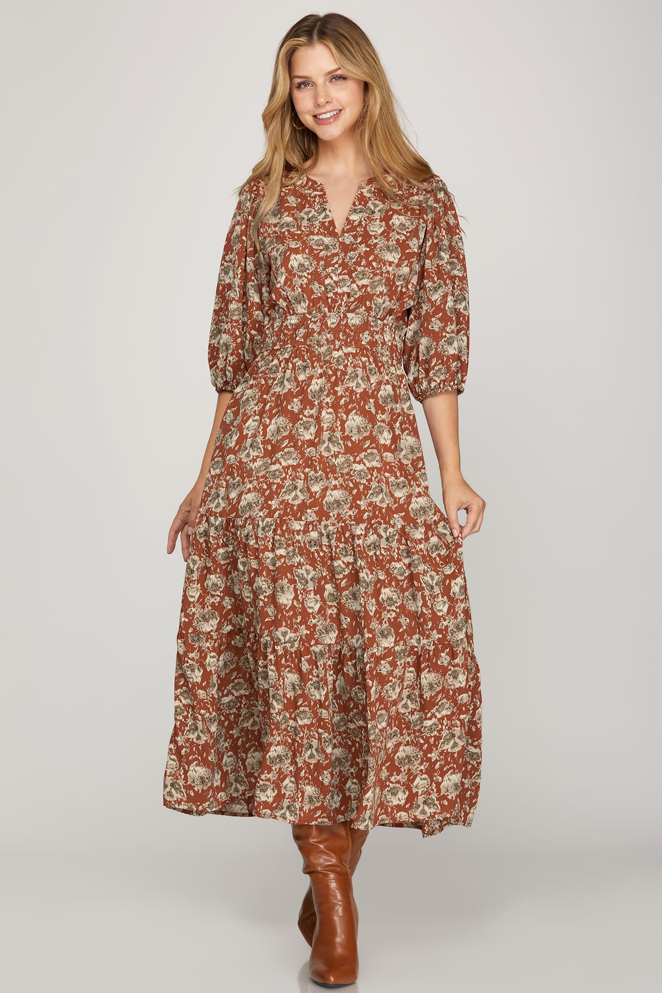 Cinnamon Taupe Floral Maxi Dress