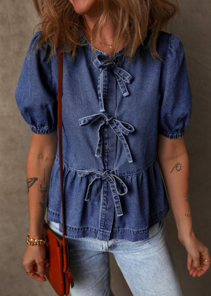 Tie Front Bubble Sleeve Peplum Dark Denim Shirt