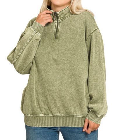 Acid Wash Sweatshirt Pullover Light Olive