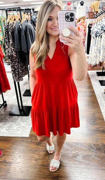 Solid Tank Ruffle Tiered Dress Red