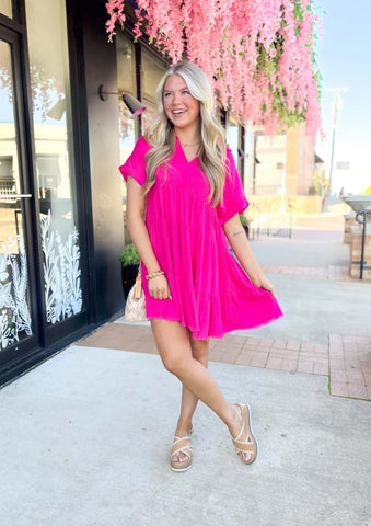UMGEE Linen Blend Ruffle Dress Hot Pink