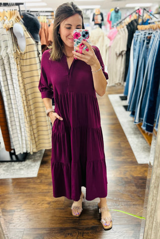 Button Front Tiered Maxi Dress Magenta