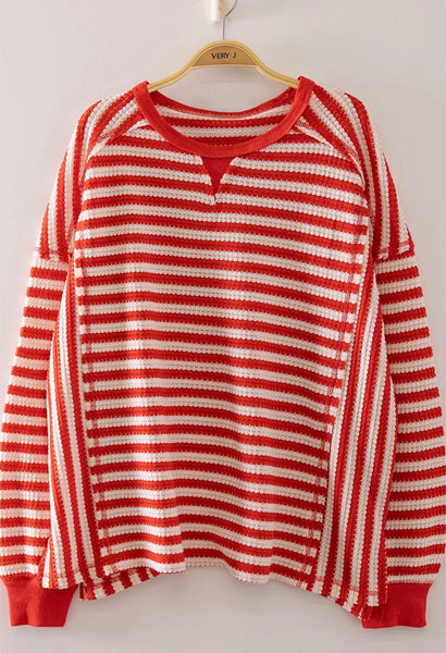 Red Stripe Waffle Knit Top