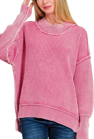 Washed Oversized Ribbed Sweater Hot Pink