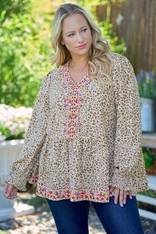 Leopard Embroidered Smocked Cuff Top