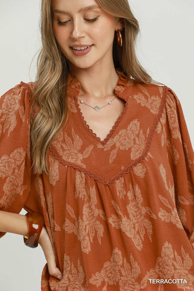 UMGEE Floral Textured Top Terracotta