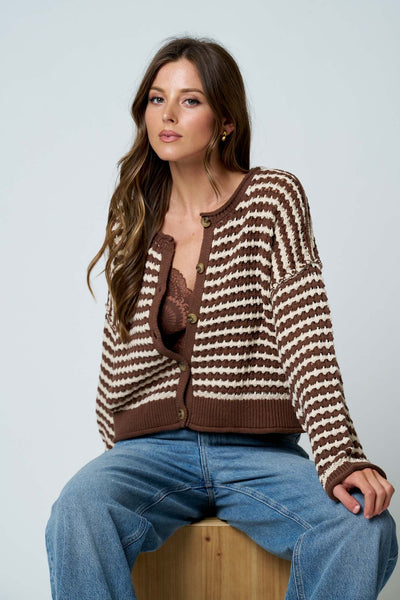 Crochet Knit Stripe Cardigan Top Chocolate