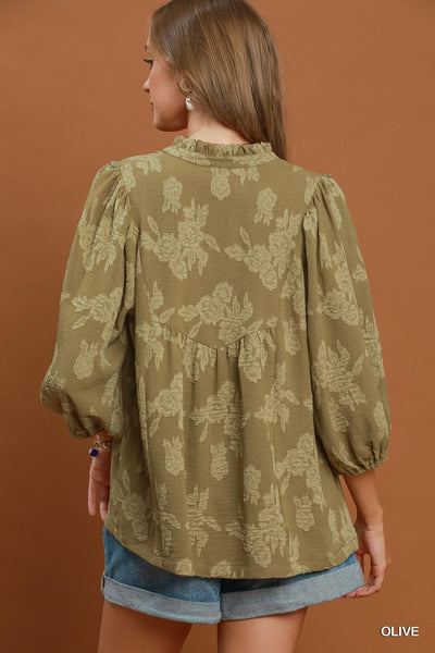 UMGEE Floral Textured Top Olive