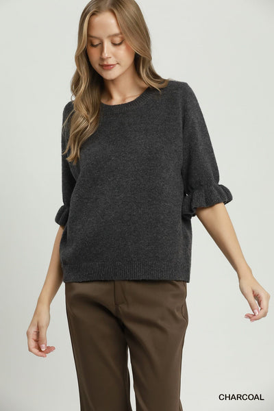 Soft Ruffle Sleeve Sweater Charcoal