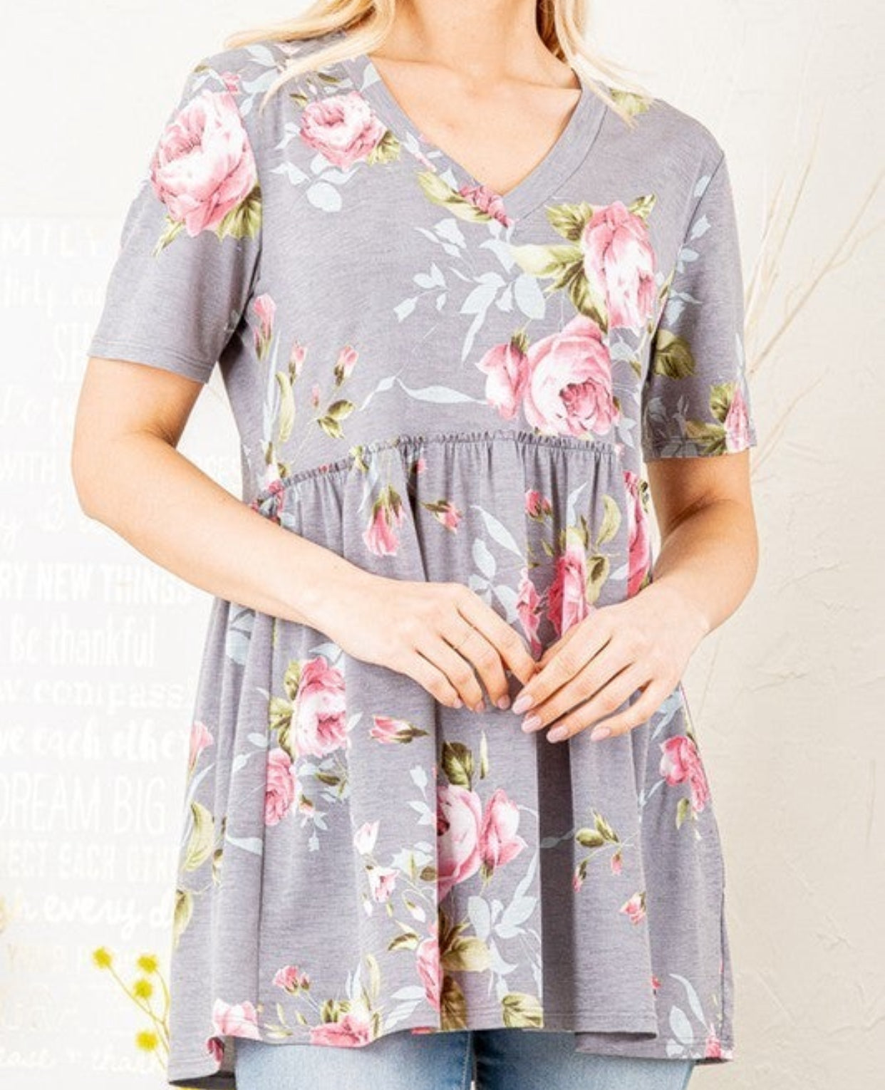 Grey Floral V Neck Babydoll Top