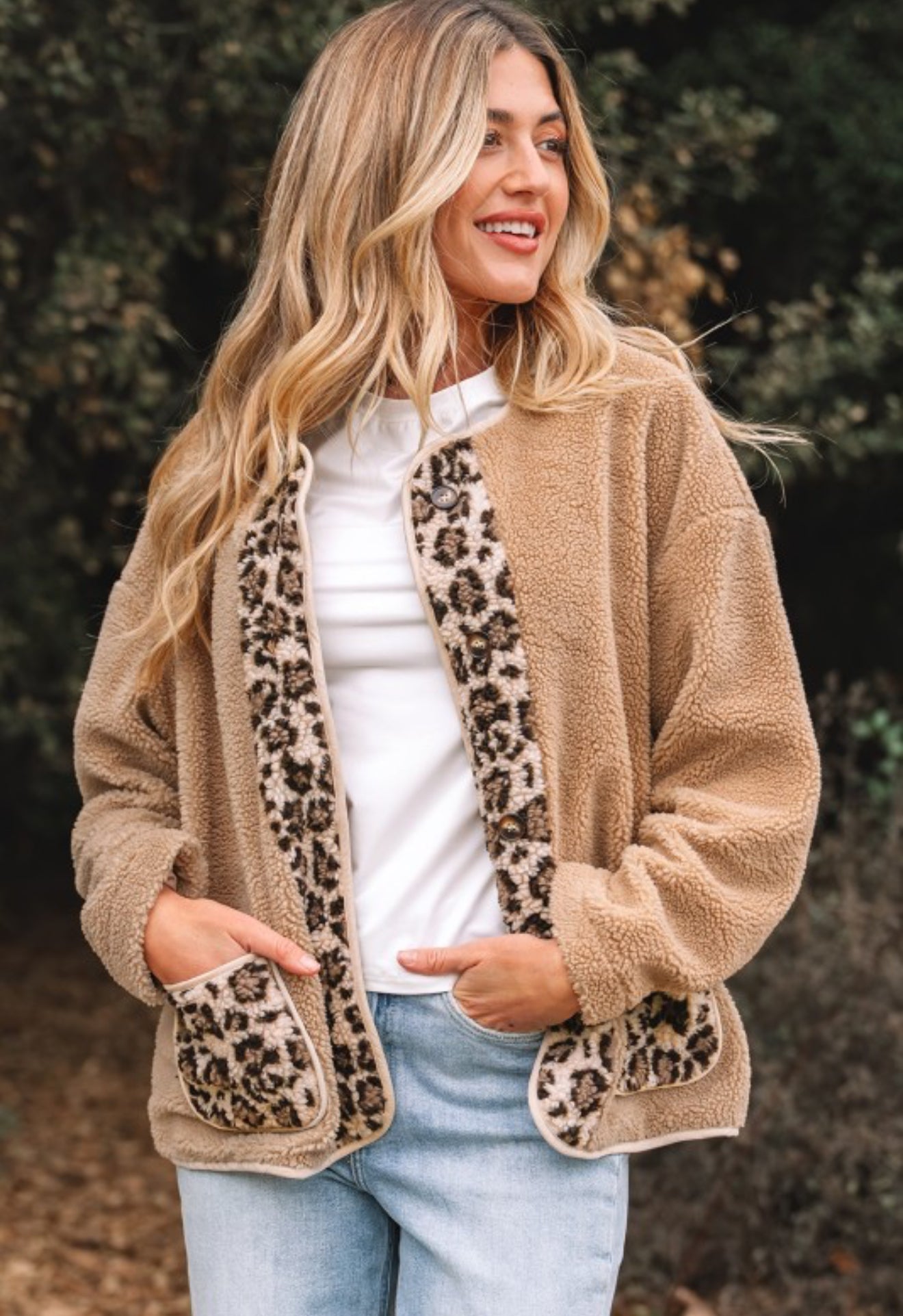 Plush Leopard Contrast Button Up Jacket