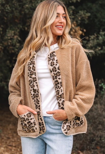 Plush Leopard Contrast Button Up Jacket