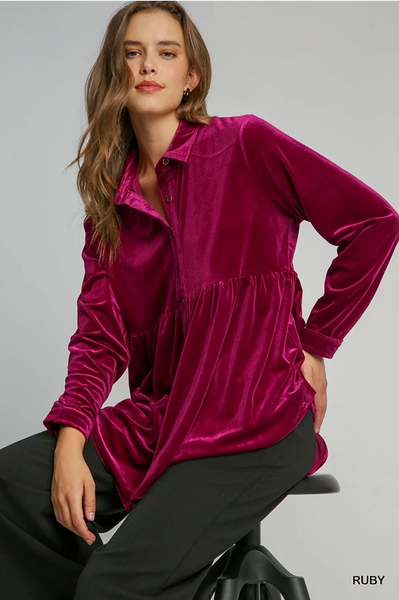 UMGEE Velvet Button Down Collared Top Ruby