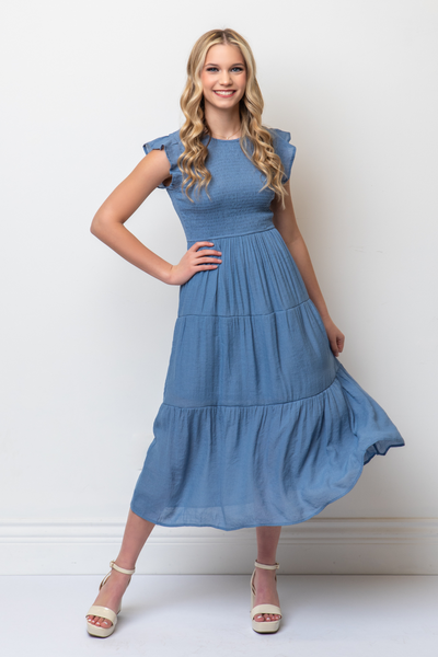 Solid Crew Neck Flutter Sleeve Midi Dress Blue