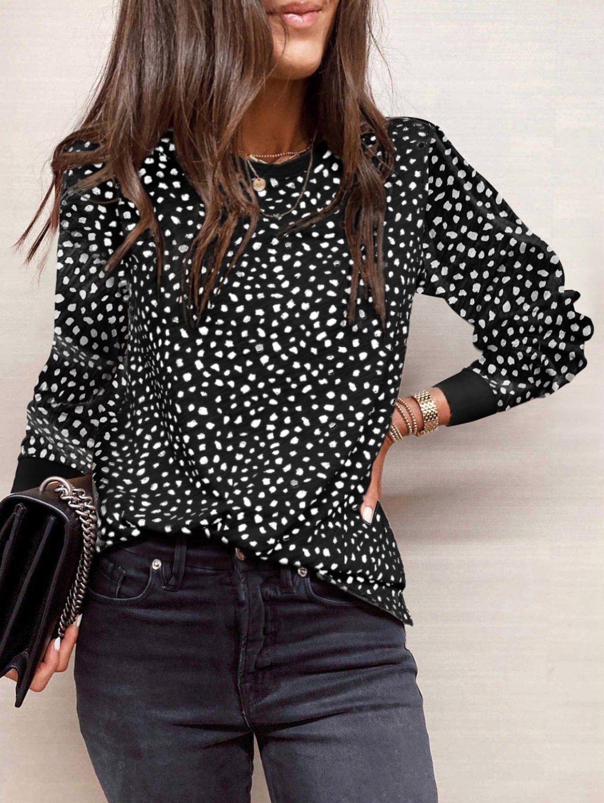 Camille Dotted Long Sleeve Top Black