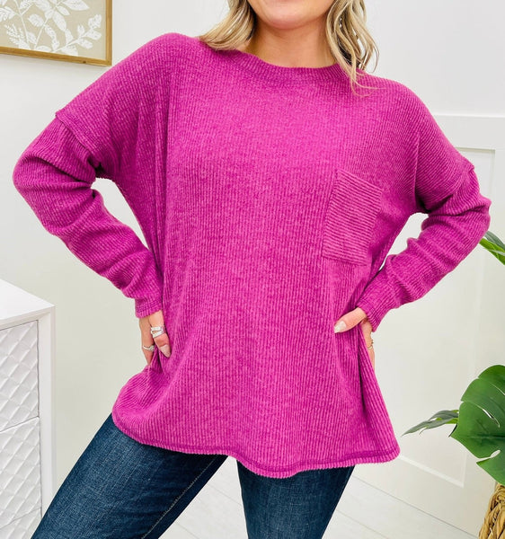 Evelyn Ribbed Knit Pocket Top Plum