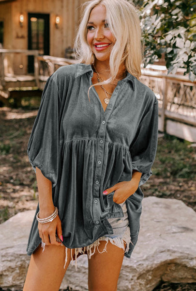 Dark Grey Ruffle Velvet Tunic Top