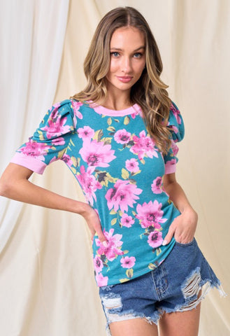 Teal Pink Mix Floral Puff Sleeve Top