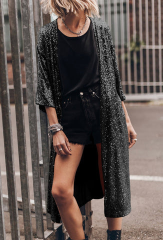 Black Sequin Duster Cardigan