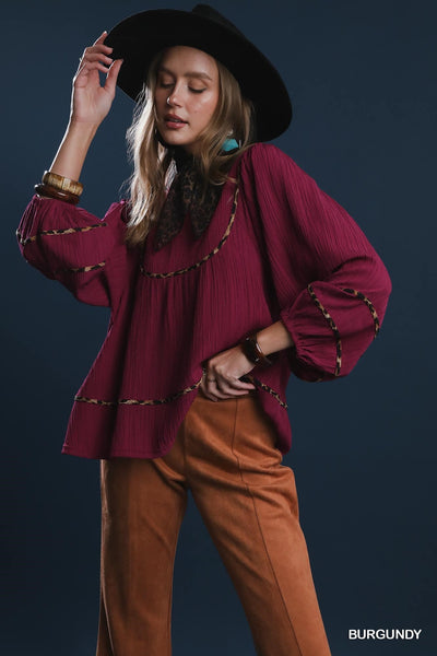 UMGEE Dark Red Leopard Trim Top