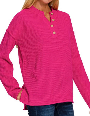 Salem Knit Button Henley Sweater Hot Pink