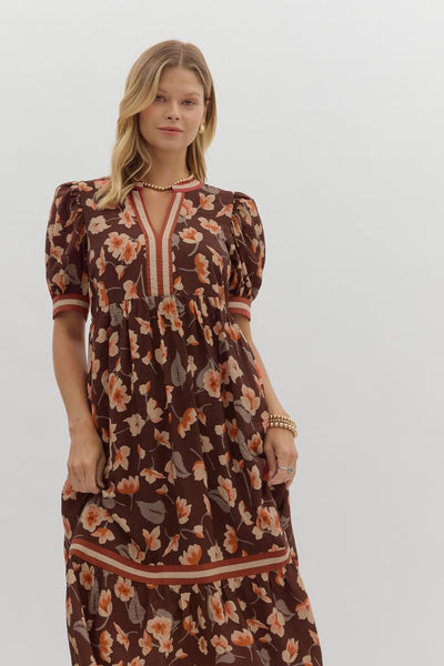 Floral Multicolor Tiered Midi Dress Brown Mix