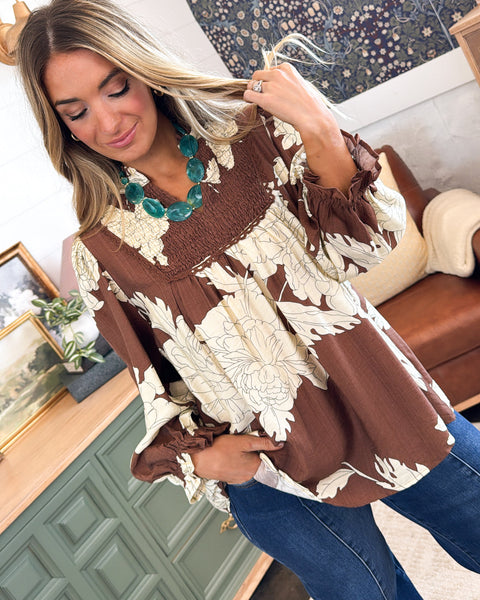 UMGEE Hampton Leaf Print Top Brown