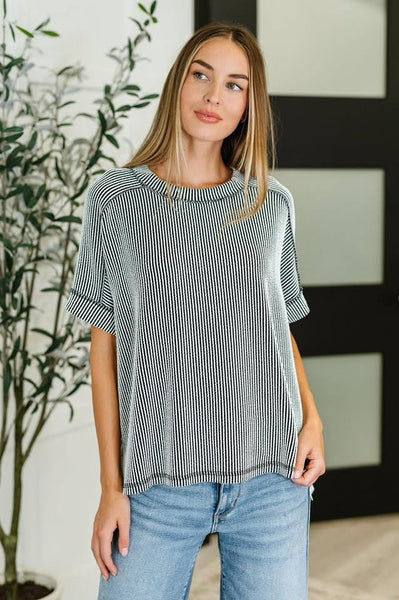 Corded Ribbed Cuffed Sleeve Top Black White